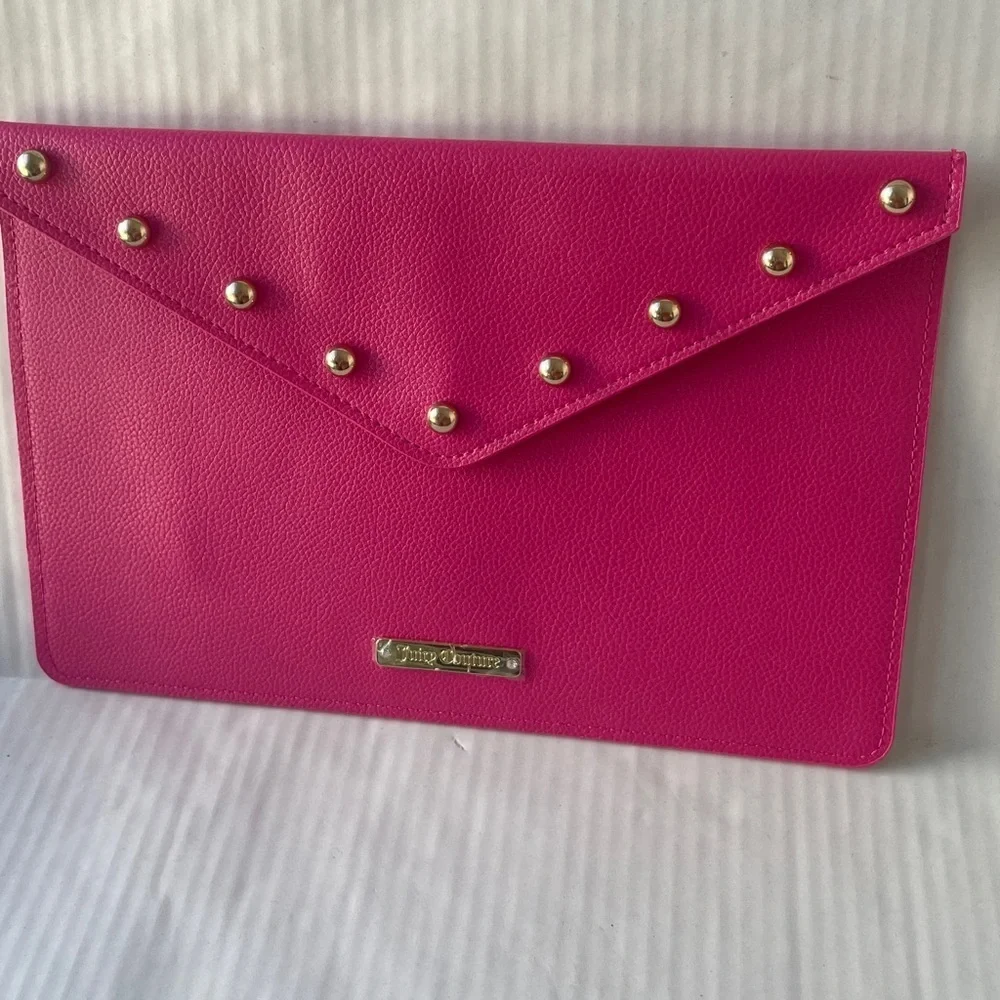 Juicy Couture Envelope Clutch Bag Bright Barbie Pink Gold Studs NWOT